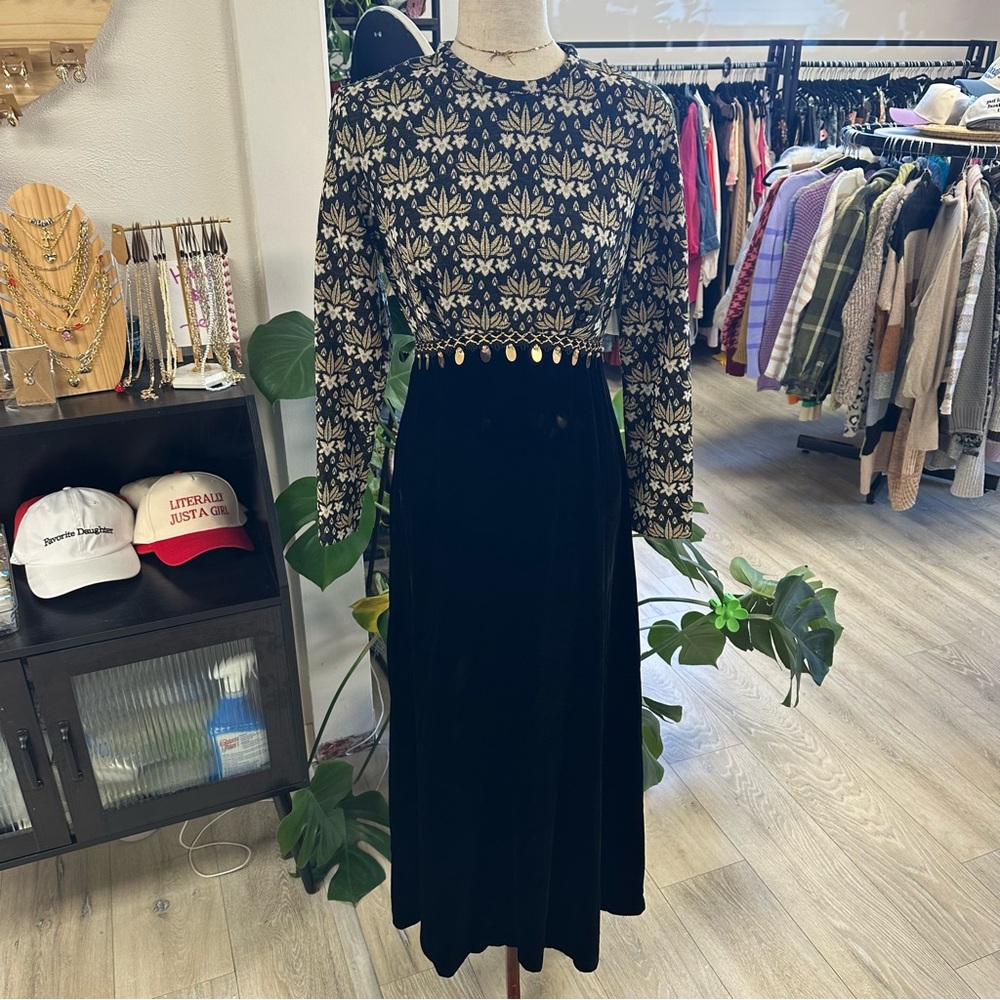 Vintage Bernie Bee Black Velvet and Gold Maxi Dress
